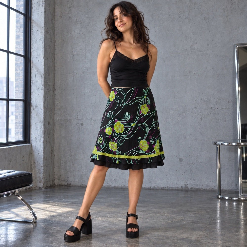 Vintage Y2K Betsys Things Reversible Floral Midi Skirt Black Green USA Made M